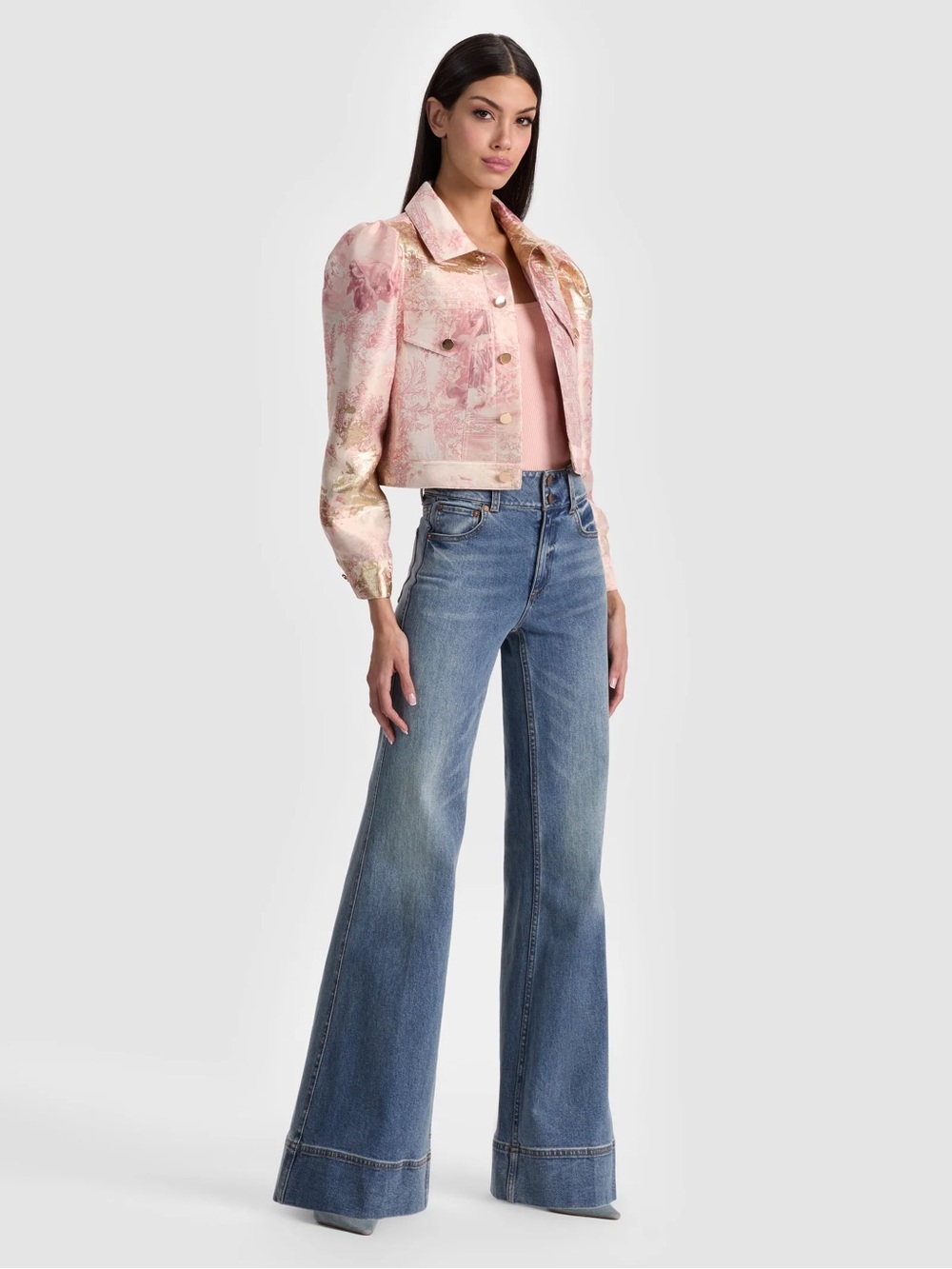 Alice + Olivia Pink and Gold Cropped Brocade Jean Jacket - Picture 3 of 4